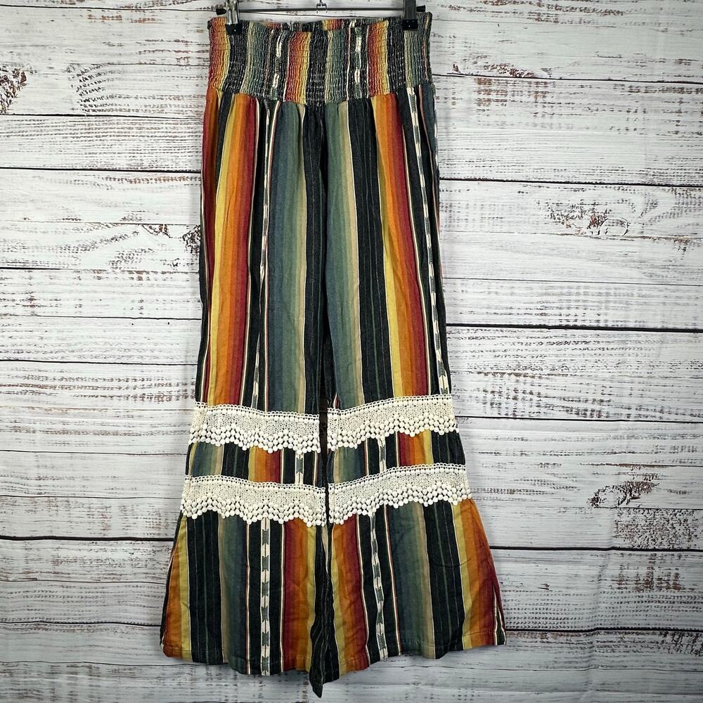 L&B Lucky Blessed Boho Stripe Flare Bell Bottom Pants Crochet Festival Womens L